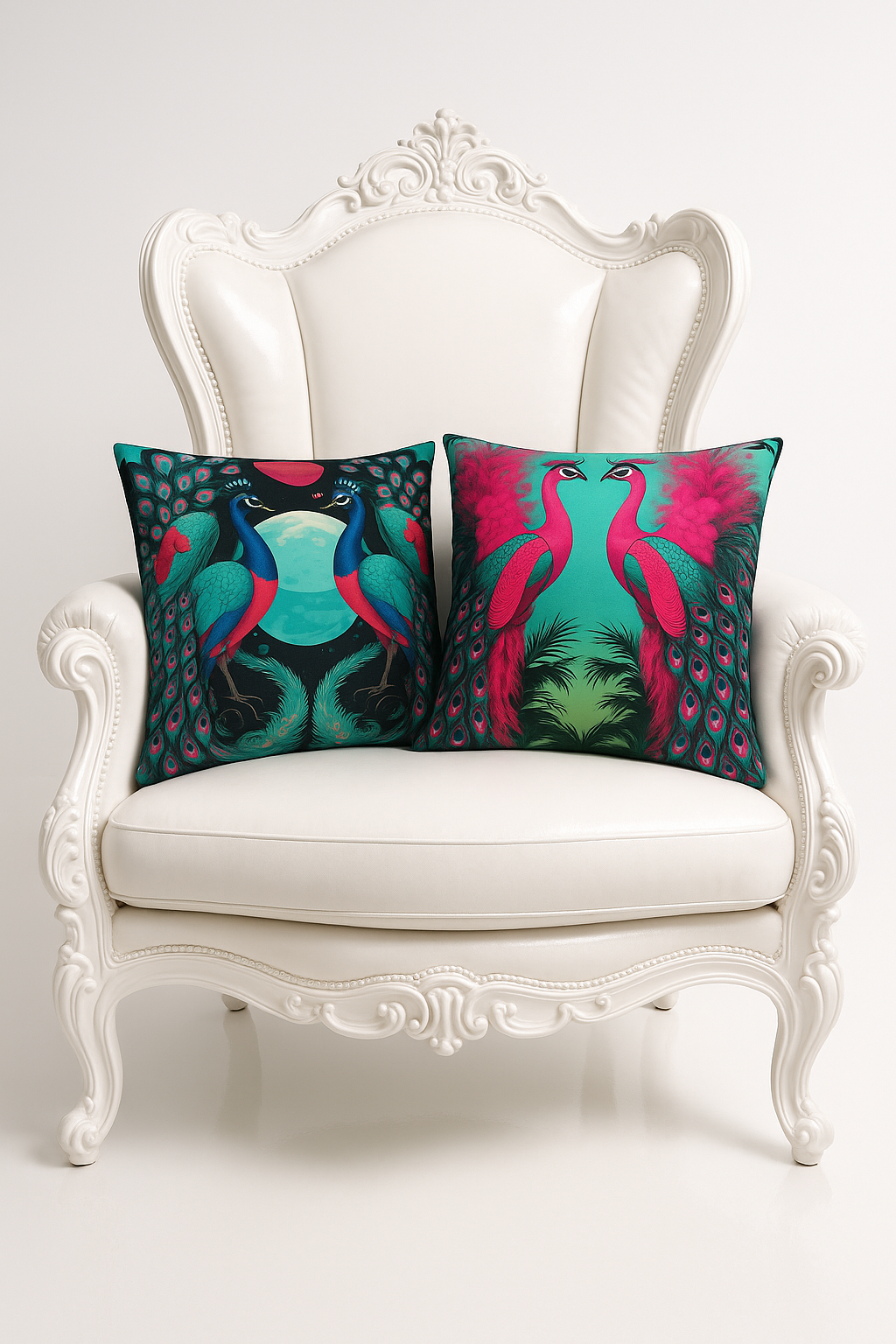 Peacock cushions on white chair